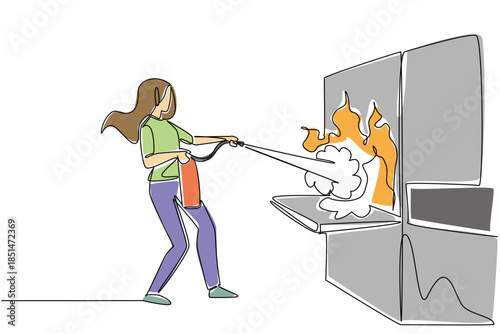 Single line drawing of woman using fire extinguisher on an inside oven fire and flame to extinguish, for a kitchen safety concept. Emergency response for National Kitchen Klutzes of America Day event.