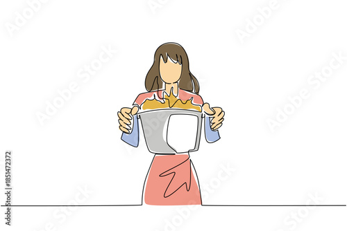 One line drawing of woman holding an overflowing pot problem aggressively of food, for a kitchen disaster concept. This cooking mishap theme is for National Kitchen Klutzes of America Day event.