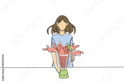Single line drawing of a woman shocked next to an exploding blender with splashing drink for a kitchen disaster concept. This appliance mishap theme is for National Kitchen Klutzes of America Day.