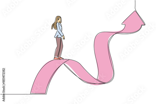 Single line drawing of businesswoman walking on wavy upward arrow, symbolize challenging career path for business concept. Resilience and progress theme for National Productive Business Civility Day