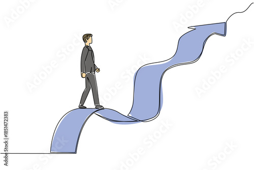 One line drawing of businessman walking on wavy upward arrow. Symbolize a challenging career path for a business concept. Resilience and progress theme is for National Productive Business Civility Day