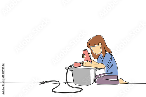 Continuous line drawing of a little girl using hair dryer in a pot to mix food, for a misguided kitchen experiment concept. Cooking klutz theme is for National Kitchen Klutzes of America Day event.
