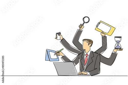 Continuous line drawing of multitasking businessman with many arms holding various office tools for business concept. Efficiency and productivity theme is for National Productive Business Civility Day