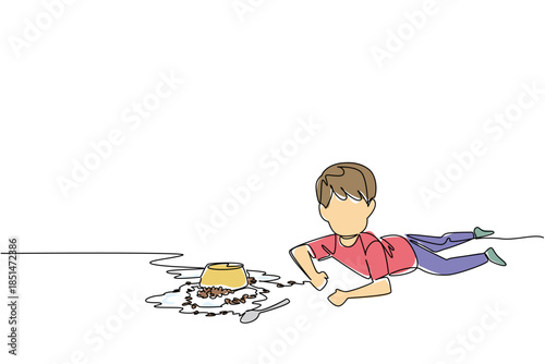 Continuous line drawing of boy lying on floor next to spilled cereal and milk creating a mess for kitchen disaster concept. Breakfast mishap theme is for National Kitchen Klutzes of America Day event.