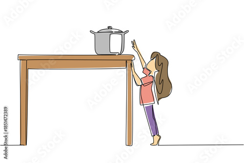 One line drawing of little girl on tiptoes reaching for high pot at wooden table, for a kitchen challenge concept. Height struggle theme is for National Kitchen Klutzes of America Day event.