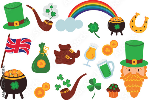 St Patrick’s Day icon set featuring green themed symbols and festive elements in a clean vector illustration style