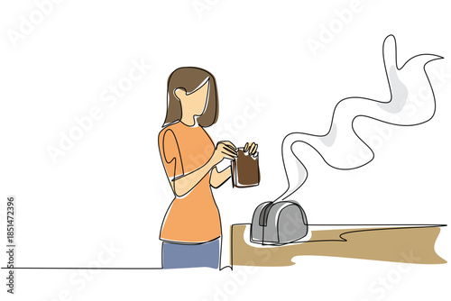 Continuous line drawing of woman remove burning bread from smoking toaster catastrophe for a kitchen disaster concept. Cooking tragedy mishap theme is for National Kitchen Klutzes of America Day event