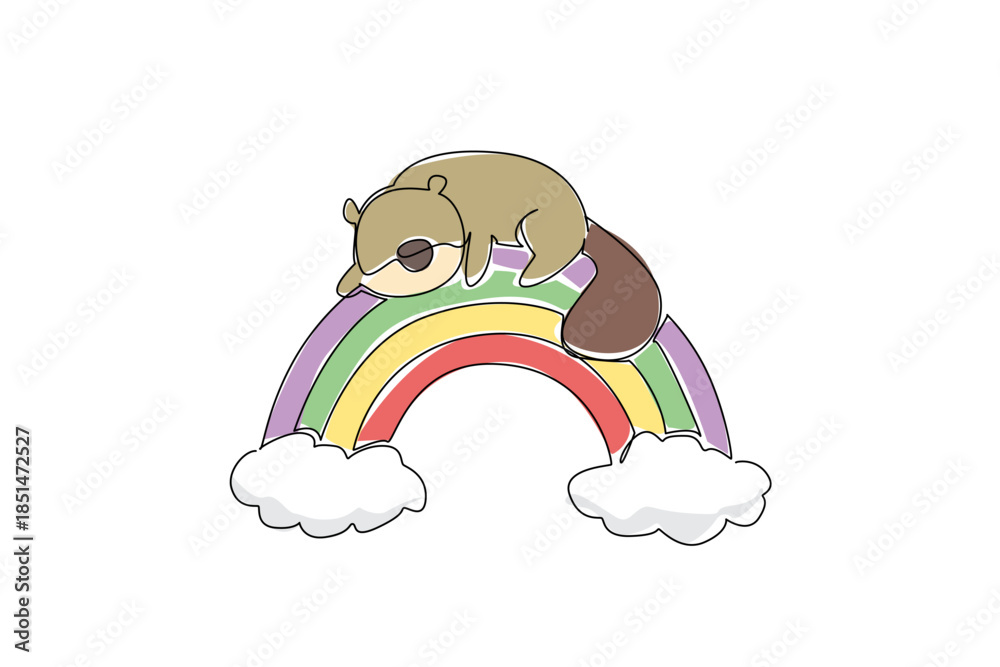 Obraz premium Continuous line drawing of sleepy beaver with a big tail lounges on a rainbow bridge resting on fluffy clouds. Woodland critter animal concept for camping or nature themed kids designs or nursery room