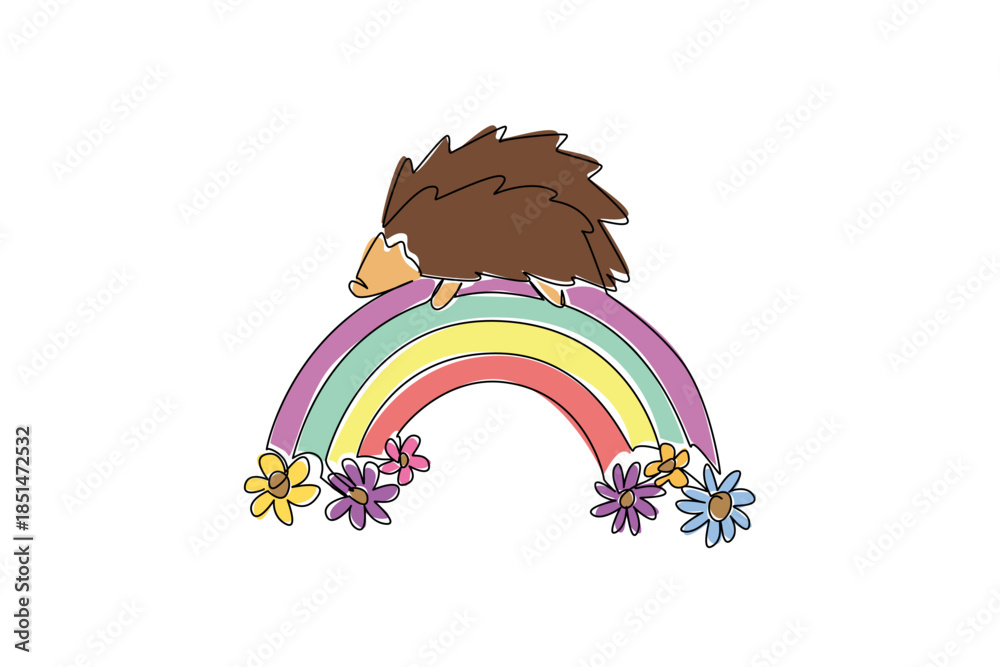 Obraz premium Continuous line drawing of spiky cute little hedgehog lies content on a rainbow with flowers blooming at both ends. Woodland animal concept great for forest themed nursery set, stationery or storybook