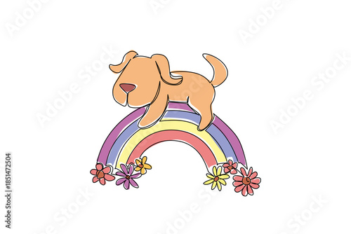 Continuous line drawing of a cute floppy eared puppy happily sleeping on a rainbow with flowers for a nature concept. Minimalist animal design represents dreamy relaxation and colorful sky theme.