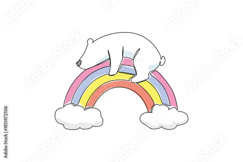 One line drawing of cute polar bear sleeping on rainbow with cloud for a nature concept. Minimalist animal design represents dreamy relaxation and colorful sky theme for bedtime stories or kids poster