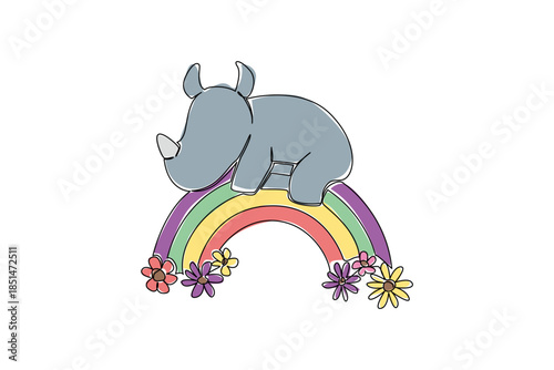 One line drawing of cute chubby rhino sleeping on a rainbow with flowers for fantasy concept. Minimalist animal design of dreamy relaxation and colorful sky theme for children books and zoo promotion