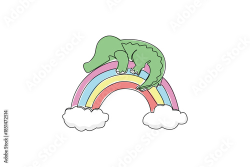 Single line drawing of cute crocodile sleeping on rainbow with clouds for a nature concept. Minimalist animal design represents dreamy relaxation and colorful sky theme for storybook and kids sticker