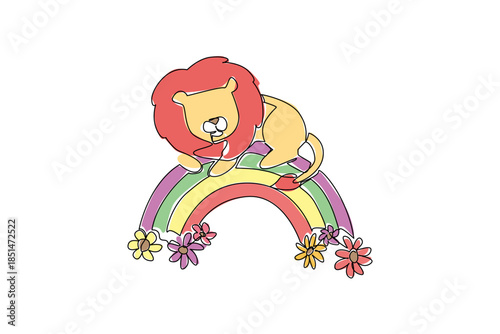 Continuous line drawing of fluffy maned cute lion curls up on a bright rainbow arch with daisy flowers blooming at both ends. Great for kids decor, jungle themed parties or storybook scenes