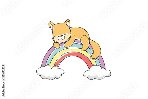 One line drawing of sleepy cat drapes itself over a pastel rainbow that floats between soft clouds. Ideal for pet cat lovers, cozy reading corners, or greeting cards featuring relaxed, cuddly vibes