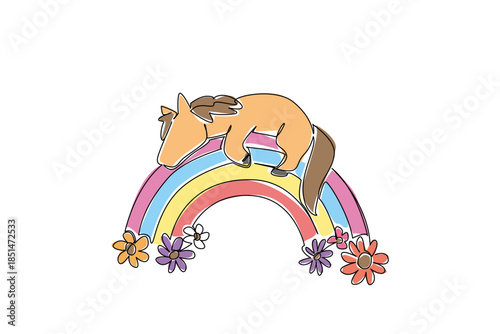 Continuous line drawing farm animal concept, cute little horse lies stretched out across a rainbow arch with blossoms blooming underneath Suited for pony party invitations, equestrian kids rooms