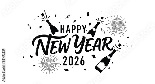 Festive new year celebration illustration featuring champagne bottles fireworks and a cheerful new year message