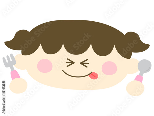 ゆるい可愛い子供の女の子がスプーンとフォークを持っているイラスト