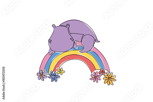 Single line drawing of round sleepy hippo curls up atop a bright rainbow arch surrounded by colorful flowers. Suited for playful children graphics, zoo campaigns, or party decor