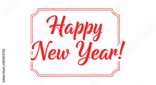A decorative red frame displays the text happy new year in elegant cursive lettering