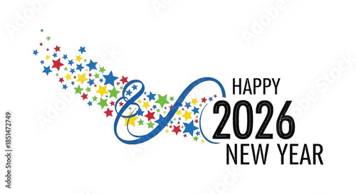 A vibrant burst of colorful stars and celebratory swirls announce the arrival of happy new year 2026