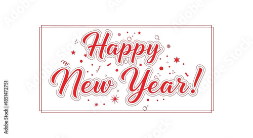 A rectangular graphic displays the text happy new year in red embellished with sparkling star details