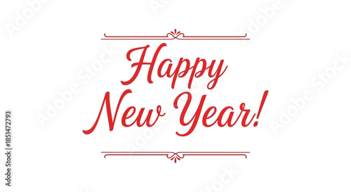 A festive red calligraphy design displays the message happy new year with decorative flourishes