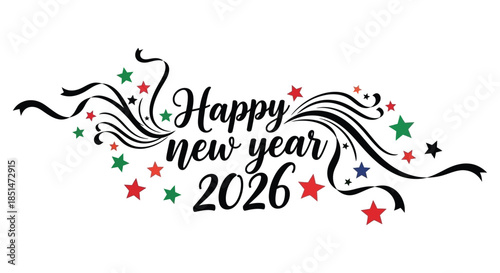 Festive new year design featuring swirling flourishes stars and the year 2026 greeting