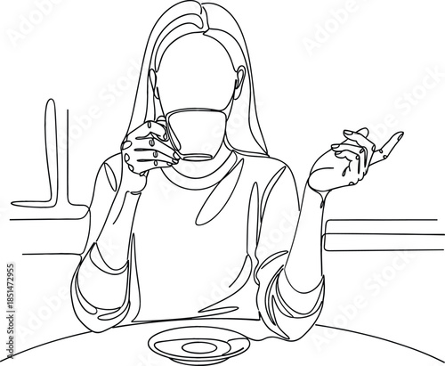 Minimalist continuous one line drawing of woman drinking coffee at cafe table for modern lifestyle decor.
