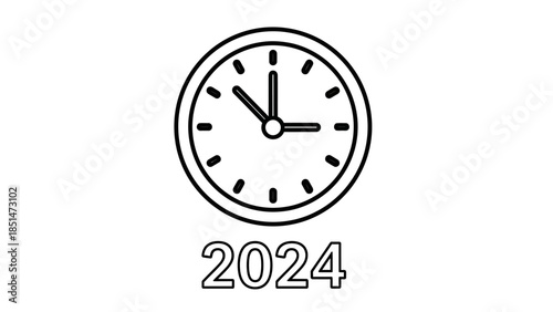 Minimalist black and white illustration of a clock showing time with the year 2024 below, representing the passage of time and new year.