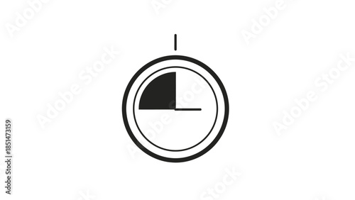 Minimalist black and white icon of a stopwatch or timer, indicating a quarter of an hour has passed.