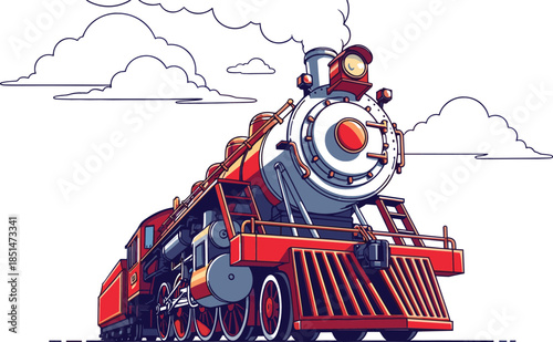 Vintage red steam locomotive train vector illustration with smoke clouds in sky for nostalgic railway transportation travel design.
