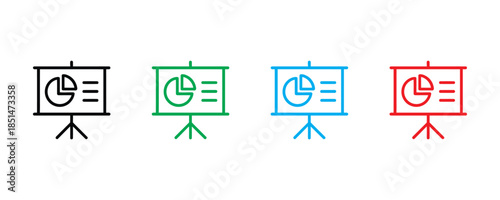 Presentation slides with pie chart icon set vector on white background.  education, training symbol. vector illustration.