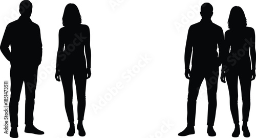 Black silhouettes of a man and woman standing together in pairs, depicting couples, business partners, relationship concepts, formal attire, and diverse social interaction.