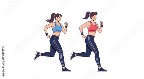 Two illustrations of a fit young woman with a ponytail, wearing athletic clothes and running or jogging for exercise.