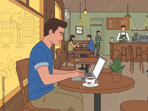 Young man working on laptop in a cafe.