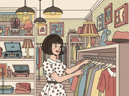 Young woman browsing clothes rack in vintage store.