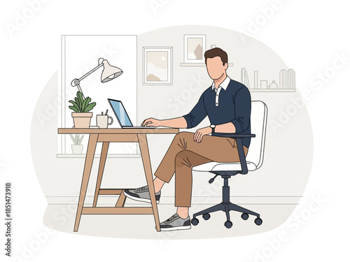 Man working on laptop at desk in home office setting.