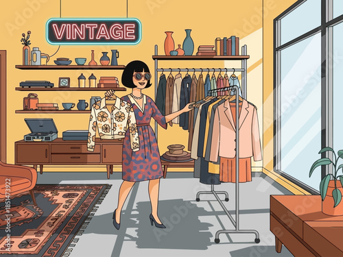 Stylish woman in vintage clothing store selecting outfit.