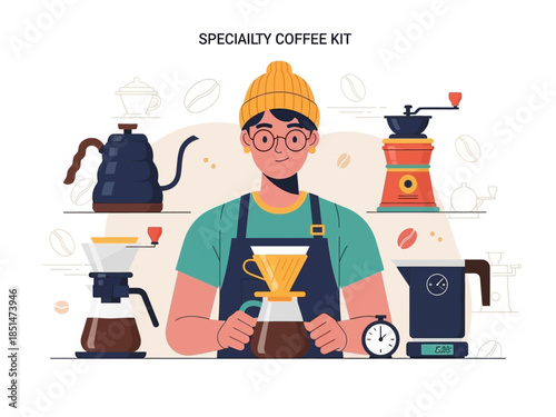 Barista preparing specialty coffee with brewing equipment illustration.