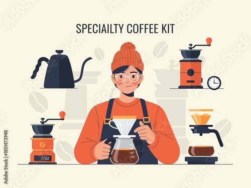 Barista preparing specialty coffee with brewing equipment.