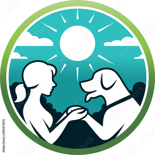 silhouette of a woman with a dog in a green circle