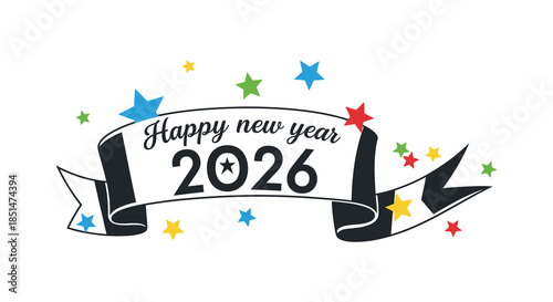 A festive new year banner with stars and celebratory designs for the year 2026