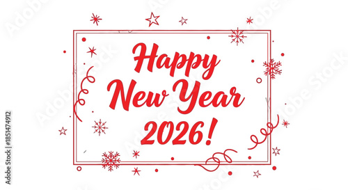 Festive new year greeting card with red frame snowflakes and celebratory text for 2026