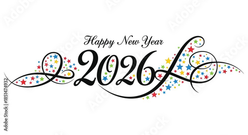 A celebratory graphic displaying happy new year and the year 2026 with colorful star and swirl accents