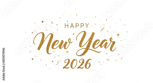 Elegant golden calligraphy displaying happy new year 2026 with sparkling glitter effects