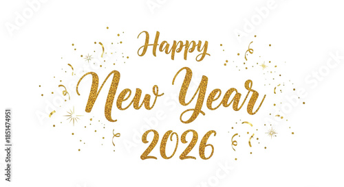 A festive golden new year greeting with sparkling confetti and the year 2026 displayed