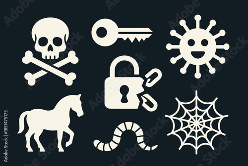A collection of cybersecurity threat icons including a skull, key, virus, Trojan horse, broken lock, worm, and spider web.