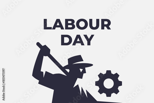Labour Day Graphic with Worker Silhouette, Agricultural Tool, and Gear