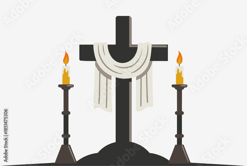 Solemn Christian Cross with White Cloth and Lit Candles for Religious Observance
